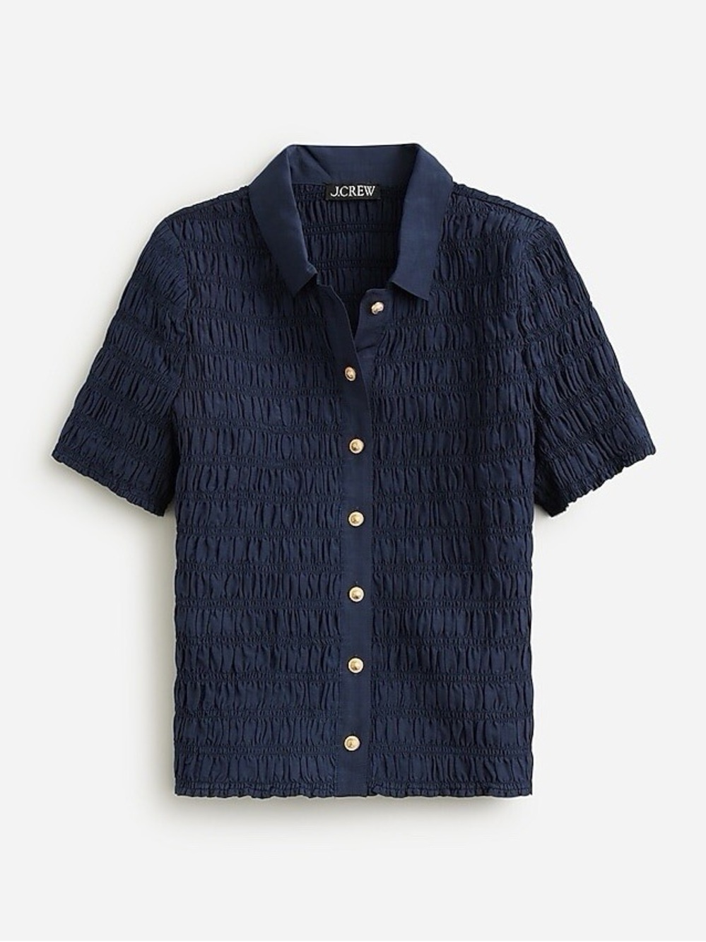 J. Crew Smocked Ruched Button-Up Short Sleeve Blouse, Size Large
